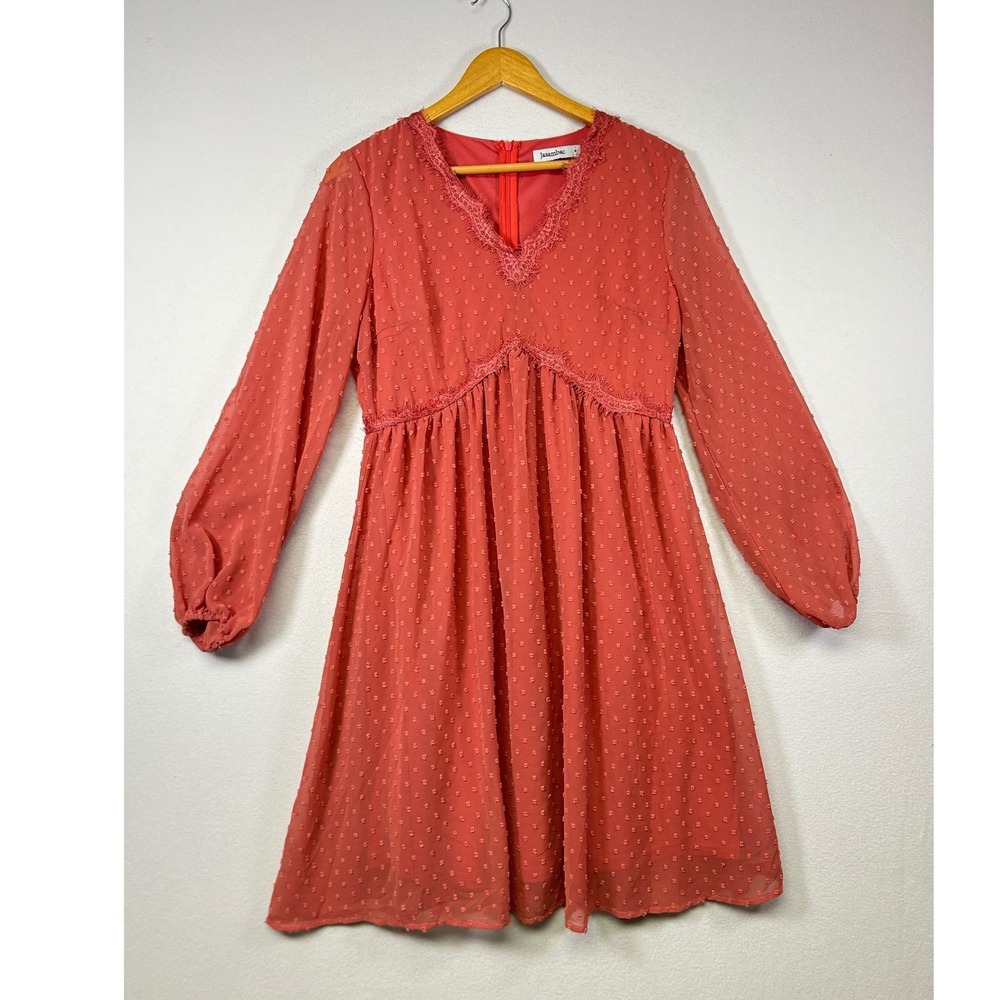 Cottagecore Jasambac Women M Coral Swiss Dot V-Neck Lace Trim Long Sleeve Dress